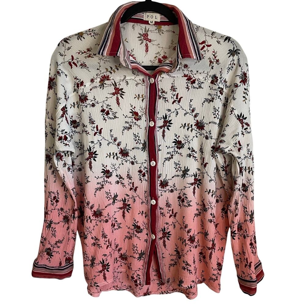 POL Ombre Floral Button Up Blouse Sz M Pink Red Cream Boho Gauze Top Casual